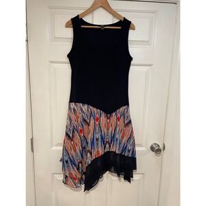 MSK Asymmetric‎ Handkerchief Hem Tank Dress Navy Blue Abstract Print Skirt M